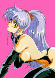  1980s_(style) 1girl all_fours blue_hair boots breasts covered_erect_nipples earrings highres jewelry leather mon_mon oldschool ponytail profile retro_artstyle scan sideboob simple_background solo thigh_boots thighhighs yellow_eyes  rating:Questionable score:20 user:danbooru