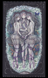  3girls absurdres acrylic_paint_(medium) ballerina ballet_slippers bare_back blue_butterfly blue_eyes bug butterfly commentary_request cracked_skin doll expressionless flat_chest flower flower_wreath full_body grey_hair head_wreath highres holding holding_hands holding_mirror insect leg_ribbon long_hair looking_at_viewer mirror multiple_girls one_eye_closed original painting_(medium) pale_skin purple_ribbon red_flower red_rose ribbon rose sumire_shisei traditional_media tutu 