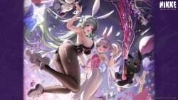  2girls absurdres alice_(nikke) alice_(wonderland_bunny)_(nikke) animal_ears artist_request black_bow black_bowtie black_leotard bow bowtie breasts brown_pantyhose carrot_hair_ornament covered_navel detached_collar fake_animal_ears fake_tail food-themed_hair_ornament goddess_of_victory:_nikke hair_ornament highres large_breasts leotard long_hair looking_at_viewer medium_breasts midair multiple_girls official_art open_mouth pantyhose party_popper pink_bow pink_bowtie pink_eyes pink_hair pink_leotard playboy_bunny purple_eyes rabbit rabbit_ears rabbit_tail shoes smile sneakers soda_(nikke) soda_(twinkling_bunny)_(nikke) tail twintails white_footwear white_pantyhose wrist_cuffs 