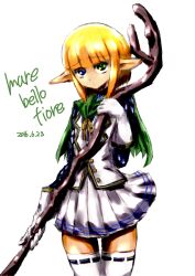  1boy armor blonde_hair blue_eyes blunt_bangs cape cowboy_shot dark_elf elf gloves green_cape green_eyes heterochromia highres long_pointy_ears mare_bello_fiore overlord_(maruyama) pointy_ears scale_armor short_hair skirt solo thighhighs trap vest white_background white_gloves white_skirt white_thighhighs white_vest wooden_staff xiao_rui_rui 