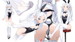  1girl animal_ear_hairband animal_ears ass black_bow black_bowtie black_footwear black_leotard blush bow bowtie breasts drop_earrings earrings elf fake_animal_ears fake_tail feet frieren groin hairband high_heels highres jewelry leotard light_smile looking_at_viewer multicolored_hair multiple_views on_stool patreon_username playboy_bunny pointy_ears rabbit_ear_hairband rabbit_ears rabbit_tail shoe_dangle shoe_soles shrug_(clothing) simple_background sitting small_breasts smile sousou_no_frieren strapless strapless_leotard streaked_hair sydus tail thigh_gap thighhighs toes twintails white_background white_hair white_thighhighs 