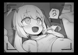  1girl ? battery_indicator blue_archive bottomless camisole demon_horns fang greyscale hair_between_eyes halo highres horns ibuki_(blue_archive) leonat loli long_hair lying monochrome navel on_back pointy_ears recording skin_fang spoken_question_mark spread_legs viewfinder 