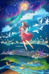 1girl aurora barefoot bird bug butterfly dress fish floating flower grass insect looking_up moon night night_sky original red_dress sky water yuumei 