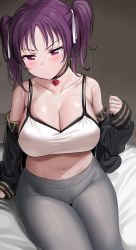 1girl absurdres alternate_breast_size bare_shoulders breasts choker cleavage closed_mouth collarbone commentary grey_pants hair_ribbon hand_up heart highres hoop indoors kazuno_leah light_blush love_live! love_live!_sunshine!! navel on_bed pants parted_bangs purple_eyes purple_hair ribbon shiny_skin sitting sleeves_past_wrists solo sports_bra tem10 thighs twintails white_ribbon white_sports_bra yoga_pants rating:Sensitive score:123 user:danbooru