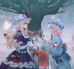  2girls back_bow belt blonde_hair blue_belt blue_bow blue_headwear blue_kimono blue_ribbon blue_sky bow branch breasts bug butterfly butterfly_wings closed_mouth commentary_request dress elbow_gloves fingernails floral_print flying frills gloves gradient_sky hair_between_eyes hair_bow hands_up hat hat_bow holding holding_umbrella insect insect_wings japanese_clothes juliet_sleeves kimono long_hair long_sleeves looking_at_another medium_breasts mob_cap multiple_girls neck_ribbon outdoors panghulao pink_eyes pink_hair pink_sky puffy_short_sleeves puffy_sleeves purple_dress purple_eyes red_bow red_ribbon ribbon saigyou_ayakashi saigyouji_yuyuko short_hair short_sleeves sidelocks sky smile sparkle standing string string_of_fate thread touhou tree triangular_headpiece umbrella veil water wavy_hair white_gloves white_headwear wide_sleeves wing_collar wings yakumo_yukari 