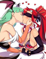2girls aqua_hair arm_grab arm_rest bare_shoulders bat_wings bikini black_bikini black_gloves blindfold blush grabbing_another&#039;s_breast breasts bridal_gauntlets capcom cleavage closed_eyes couple crossover demon_girl elbow_gloves female_focus fingerless_gloves gloves grabbing hair_ornament hair_stick hand_on_another&#039;s_face head_wings heart highres hime_cut interspecies kiss large_breasts lips long_hair morrigan_aensland multiple_girls nail_polish neck off_shoulder optionaltypo orange_gloves ponytail red_hair scarf sideboob simple_background skull_hair_ornament striped striped_scarf surprised swimsuit table tengen_toppa_gurren_lagann underboob vampire_(game) white_background wings yoko_littner yuri rating:Questionable score:203 user:danbooru