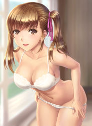  1girl absurdres ass asymmetrical_bangs bent_over bra breasts brown_eyes brown_hair cleavage collarbone cowboy_shot hair_ribbon highres lace lace-trimmed_bra lace_trim large_breasts lips looking_at_viewer navel original panties panty_pull ribbon smile solo stomach thighs twintails underwear white_bra white_panties youbou 