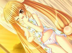 1girl 9966996 blonde_hair blush bow bow_panties clothes_lift dress dress_lift eyebrows female_focus game_cg hair_bobbles hair_ornament kodomo_no_jikan kokonoe_rin loli long_hair looking_at_viewer one_eye_closed open_mouth panties see-through smile solo standing towel twintails underwear very_long_hair wet wet_clothes wet_panties wink rating:Questionable score:30 user:Domestic_Importer