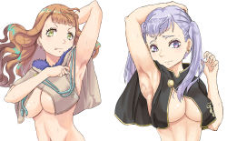  2girls armpits black_clover breasts closed_mouth earrings embarrassed grey_hair highres jewelry large_breasts long_hair mimosa_vermillion multiple_girls noelle_silva orange_hair purple_eyes smile tagme tongue tongue_out tukemen_gyokai twintails yellow_eyes  rating:Questionable score:37 user:Ultimate52
