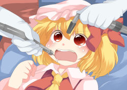 2girls ascot bad_id bad_pixiv_id blonde_hair blush bow close-up commentary dentist drill drooling female_focus flandre_scarlet gloves hair_bow hammer_(sunset_beach) hat lying multiple_girls on_back open_mouth power_drill power_tool red_eyes short_hair side_ponytail tears touhou upper_body white_gloves yagokoro_eirin rating:Sensitive score:7 user:danbooru