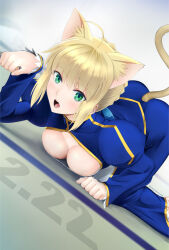  1girl ahoge animal_ears artoria_pendragon_(all) artoria_pendragon_(fate) ass blonde_hair blush braid breasts cat_ears cleavage dress fate/stay_night fate_(series) green_eyes highres kemonomimi_mode long_sleeves looking_at_viewer medium_breasts saber_(fate) shirotsumekusa solo 