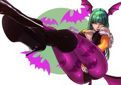 1girl bat_wings boots breasts capcom cleavage demon_girl fingerless_gloves gloves green_eyes green_hair hand_on_own_hip highres large_breasts legs leotard long_hair looking_at_viewer masturbation morrigan_aensland naughty_face parted_lips red_lips seductive_smile sitting smile solo thighs vampire_(game) wings