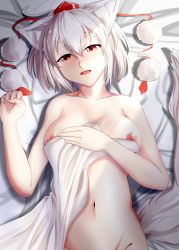 1girl animal_ears arm_rest bed bed_sheet breasts collarbone from_above grey_hair groin hair_between_eyes half-closed_eyes hand_on_own_chest hands_up hat head_tilt highres imai_kusu inubashiri_momiji looking_at_viewer lying medium_breasts navel nipples on_back on_bed open_mouth out-of-frame_censoring pom_pom_(clothes) red_eyes short_hair smile solo stomach tail tokin_hat touhou upper_body wolf_ears wolf_tail rating:Questionable score:13 user:danbooru