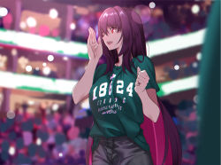 1girl blouse boston_celtics breasts collarbone commentary_request english_text fate/grand_order fate_(series) green_shirt hair_between_eyes hand_up highres large_breasts long_hair national_basketball_association open_mouth print_shirt purple_hair red_eyes revision scathach_(fate) shijie_jianfa shirt smile solo rating:Sensitive score:16 user:danbooru