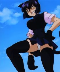  00s 1girl animal_ears blue_sky cat_ears cat_girl cat_tail collar dress hand_on_own_hip koshka looking_to_the_side miniskirt screencap short_hair skirt sky smile solo tail third-party_edit usagi-chan_de_cue wide_hips 