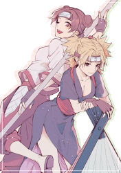  2girls ;d black_eyes blonde_hair breasts brown_eyes brown_hair cleavage closed_mouth collarbone double_bun fingerless_gloves framed gloves grey_kimono hair_bun headband highres holding holding_polearm holding_weapon japanese_clothes kimono looking_at_viewer medium_breasts multiple_girls naruto_(series) naruto_shippuuden one_eye_closed open_mouth polearm short_hair short_sleeves side_slit simple_background smile suzu_(tg_390) temari_(naruto) tenten_(naruto) two_side_up weapon white_background  rating:Sensitive score:32 user:danbooru