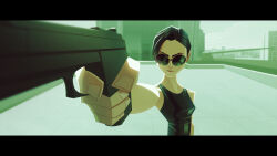  1girl bare_shoulders black_hair black_tank_top cityscape commentary day english_commentary gun handgun highres holding holding_gun holding_weapon outdoors remi_boro scene_reference solo sunglasses tank_top the_matrix trinity weapon 