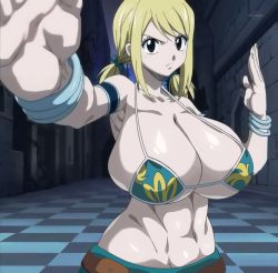  1girl bikini bikini_top_only blonde_hair bracelet breasts brown_eyes dratvan504 fairy_tail female_focus fighting_stance highres huge_breasts jewelry large_breasts long_hair looking_at_viewer lucy_heartfilia medium_hair serious solo swimsuit third-party_edit twintails  rating:Questionable score:89 user:SlayDash