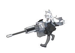  1girl ahoge animal_ears autocannon black_dress black_gloves black_pantyhose breasts cannon closed_mouth collared_dress dot_mouth dress fox_ears from_side full_body gloves grey_eyes grey_footwear grey_necktie hair_between_eyes hair_tie highres huge_weapon long_hair medium_breasts muzzle_device necktie original pantyhose short_sleeves sidelocks solo sweater tamamo_ozen very_long_hair walking weapon white_background white_hair white_sweater 
