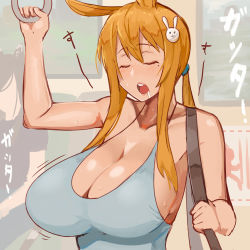 1girl animal_ears bare_shoulders blurry blurry_background blush bouncing_breasts breasts brown_hair cleavage closed_eyes drooling gaikiken hair_ornament highres holding horse_ears huge_breasts long_hair mole mole_under_eye motion_lines no_bra open_mouth original ponytail public_indecency rabbit_hair_ornament roz-chan saliva saliva_trail sideboob sleeping solo sweat tank_top train train_interior rating:Questionable score:54 user:Qwertyuiop999