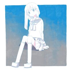  1girl arm_support blue_background border collarbone gradient_background head_tilt highres invisible_chair kneehighs limited_palette loafers long_hair looking_at_viewer neckerchief original outside_border pleated_skirt sailor_collar school_uniform serafuku shirt shoes sitting skirt socks solo tayama222 white_border 