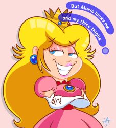  1girl blonde_hair blue_eyes breasts crossed_arms dress english_text gloves grin half-closed_eyes highres large_breasts long_hair mario_(series) nintendo pink_lips princess princess_peach smile smug solo 