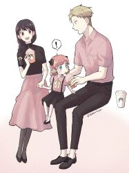  ! 1boy 2girls :d ahoge alternate_costume alternate_hairstyle anya_(spy_x_family) black_hair black_pants black_shirt black_skirt blonde_hair blue_eyes blush braid braided_ponytail brand_name_imitation casual commentary_request couple cup disposable_cup dress_shirt drinking family father_and_daughter full_body green_eyes hair_ribbon hand_on_another&#039;s_leg happy hetero highres holding holding_cup holding_hands long_hair looking_at_another medium_hair mother_and_daughter multiple_girls open_mouth oyasumisuya pants pantyhose pink_hair pink_shirt pink_skirt pleated_skirt polka_dot polka_dot_background profile red_eyes ribbon shirt short_hair short_sleeves simple_background sitting skirt smile speech_bubble spoken_exclamation_mark spy_x_family starbucks surprised suspender_skirt suspenders twilight_(spy_x_family) twitter_username white_background wide-eyed yellow_ribbon yor_briar  rating:General score:8 user:danbooru