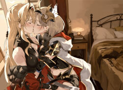  2girls ahoge armor bed black_gloves blush breasts cape cleavage closed_eyes closed_mouth commentary_request conqueror_of_the_eternals djeeta_(granblue_fantasy) elbow_gloves from_side gloves granblue_fantasy grey_hair hair_intakes hood hood_down hooded_cape indoors kiss lamb_(hitsujiniku) light_brown_hair long_hair medium_breasts multiple_girls navel nightstand pauldrons profile shoulder_armor very_long_hair white_cape yuri zeta_(granblue_fantasy)  rating:Sensitive score:13 user:danbooru