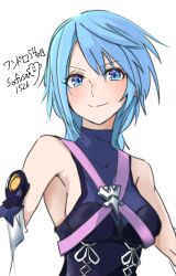  &gt;:) 1girl absurdres aqua_(kingdom_hearts) bare_shoulders blue_eyes blue_hair blue_leotard breasts closed_mouth commentary_request hair_between_eyes highres kingdom_hearts leotard looking_at_viewer simple_background small_breasts smile sofusan1526 solo translation_request upper_body v-shaped_eyebrows white_background 