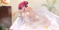 1girl arm_rest bathing bathtub breasts clisapex completely_nude from_side highres honkai:_star_rail honkai_(series) kafka_(honkai:_star_rail) leaning_forward looking_at_viewer medium_breasts navel nipples nude partially_submerged phonograph purple_eyes red_hair rubber_duck sitting soap_bubbles solo steam tile_wall tiles water rating:Questionable score:73 user:danbooru
