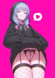  1girl :q absurdres black_hoodie blue_eyes blue_hair cowboy_shot crotchless crotchless_panties fishnet_thighhighs fishnets from_below garter_belt hands_in_pockets hatsune_miku heart highres hood hood_up hoodie licking_lips long_hair long_sleeves mask mask_pull mouth_mask panties partially_visible_vulva pearl_thong pink_hair pure_pure_(rabbit_hole) rabbit_hole_(vocaloid) simple_background solo spoken_heart sseli standing striped_clothes thighhighs tongue tongue_out underwear vocaloid  rating:Explicit score:199 user:danbooru