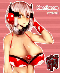  1girl at2. bare_shoulders bikini bikini_top_only blush breasts collar cow earphones gloves hand_in_own_hair headphones highres large_breasts looking_at_viewer minecraft mooshroom personification pink_eyes pink_hair purple_eyes short_hair swimsuit  rating:Questionable score:36 user:arsenic20