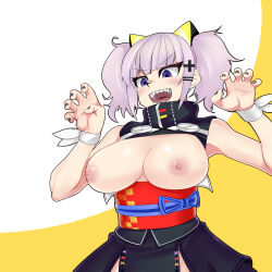  1girl :d animal_ears asha black_nails black_shirt black_skirt blush breasts cat_ears claw_pose commentary_request cowboy_shot fingernails highres kaguya_luna large_breasts looking_down medium_bangs nail_polish nipples obi open_clothes open_mouth open_shirt pink_hair purple_eyes red_sash sash sharp_teeth shirt short_hair simple_background skirt smile solo teeth the_moon_studio two-tone_background two_side_up v-shaped_eyebrows virtual_youtuber white_background yellow_background 