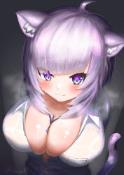  1girl :3 absurdres ahoge animal_ears between_breasts blunt_bangs blush breasts cat_ears cat_girl cat_tail cleavage highres hololive huge_filesize large_breasts navel necktie necktie_between_breasts nekomata_okayu nekomata_okayu_(oversized_shirt) official_alternate_costume purple_eyes purple_hair see-through solo steaming_body sweat tail tebingo unbuttoned unbuttoned_shirt upper_body virtual_youtuber wet wet_clothes  rating:Sensitive score:39 user:danbooru