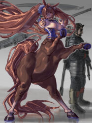  1boy 1girl absurdres animal_ears beard big_boss blue_nails blush breasts centaur chinese_commentary daiwa_scarlet_(umamusume) facial_hair floating_hair gun highres hitobashira_(1746164306) holding holding_gun holding_weapon horse_ears horse_girl horse_tail large_breasts long_hair metal_gear_(series) metal_gear_solid_v:_the_phantom_pain monster_girl monsterification parted_lips pointing pointing_at_viewer red_eyes smile tail taur tiara twintails umamusume very_long_hair weapon weapon_on_back 