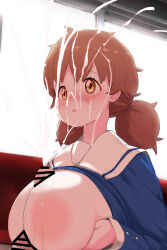  1boy 1girl :o bar_censor breasts breasts_out brown_eyes brown_hair censored clothed_female_nude_male clothed_sex clothes cum facial grabbing grabbing_own_breast hoshi_nadeshiko huge_breasts huge_penis inverted_nipples looking_at_viewer nipples nude open_mouth paizuri penis pt school_uniform shuumatsu_train_doko_he_iku? surprised twintails 