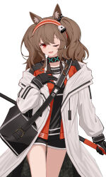  1girl ;d absurdres angelina_(arknights) animal_ear_fluff animal_ears arknights bag black_gloves black_shirt black_shorts breasts brown_hair commentary_request gloves hair_between_eyes hairband hand_up highres jacket long_sleeves looking_at_viewer lxjun_09 off_shoulder one_eye_closed open_clothes open_jacket open_mouth orange_jacket puffy_long_sleeves puffy_sleeves red_eyes red_hairband shirt short_shorts shorts shoulder_bag simple_background small_breasts smile solo standing striped_clothes striped_hairband twintails white_background white_jacket 