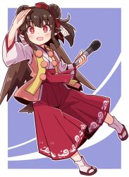  1girl :d animal_ears bird_wings black_hair black_wings blue_background blush bright_pupils brown_hair double_bun full_body hair_bun hakama hat highres holding holding_microphone japanese_clothes kimono long_sleeves looking_at_viewer microphone open_mouth original pom_pom_(clothes) red_eyes sandals short_hair simple_background skirt smile socks solo tabi tengu tokin_hat tsukimi_shokudouki white_pupils white_socks wide_sleeves wings yukinagi zouri 