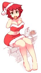 1girl amputee armless_amputee bare_legs bare_shoulders barefoot breasts cleavage cookie cup double_amputee drinking_straw food fur_trim green_eyes katawa_shoujo large_breasts looking_at_viewer midriff milk mouth_hold navel no_arms plate red_hair red_skirt rtil santa_costume short_hair sitting sitting_on_wall skirt smile solo strapless tezuka_rin wall  rating:Sensitive score:42 user:danbooru
