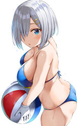  1girl 2024 artist_name ass bare_legs beachball belko bikini blue_bikini blue_eyes breasts butt_crack cleavage collarbone dated female_focus gloves grey_hair hair_ornament hair_over_one_eye hairclip hamakaze_(kancolle) highres holding_ball holding_beachball kantai_collection large_breasts looking_at_viewer parted_lips short_hair simple_background solo standing sweat swimsuit twitter_username white_background white_gloves  rating:Sensitive score:9 user:Groveman