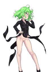  1girl black_dress black_footwear bottomless breasts cleft_of_venus closed_mouth curly_hair dress full_body green_eyes green_hair hand_on_own_hip high_heels highres legs long_sleeves matching_hair/eyes medium_breasts mersoleil03 no_panties one-punch_man pussy short_hair side_slit simple_background solo standing tatsumaki third-party_edit white_background  rating:Explicit score:34 user:Deddrz