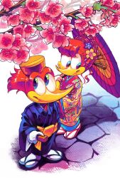  1boy 1girl bird blue_eyes caochannghiep2k3 flower gloves green_eyes happy highres holding japan japanese_clothes no_humans oil-paper_umbrella slippers toon_(style) tree umbrella white_gloves winnie_woodpecker woody_woodpecker woody_woodpecker_(series) 