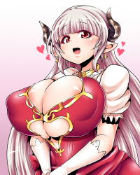  10s 1girl alicia_(granblue_fantasy) areola_slip blush breasts bukatsu_(clubactivity) cleavage curvy demon_girl dress earrings female_focus gloves gradient_background granblue_fantasy horns huge_breasts jewelry long_hair looking_at_viewer open_mouth plump pointy_ears puffy_nipples red_eyes silver_hair simple_background sina_and_d solo standing upper_body very_long_hair white_gloves 