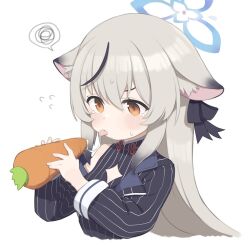  1girl animal_ear_fluff animal_ears blue_archive blue_halo carrot cleavage_cutout clothing_cutout gamuo gradient_hair grey_hair halo kokona_(blue_archive) loli multicolored_hair off_shoulder simple_background speech_bubble suggestive suggestive_fluid tiger_ears tongue tongue_out 