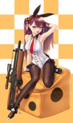  1girl animal_ears arm_up armpits black_footwear black_pantyhose blush breasts bullpup checkered_background dice fake_animal_ears fishkitty frilled_leotard frills full_body girls&#039;_frontline gun hair_between_eyes hairband high_heels highres large_breasts legs leotard long_hair looking_at_viewer one_side_up open_mouth pantyhose pillow playboy_bunny purple_hair rabbit_ears red_eyes rifle shoes sitting sniper_rifle solo teeth thighs tsurime wa2000_(girls&#039;_frontline) walther walther_wa_2000 weapon white_leotard 