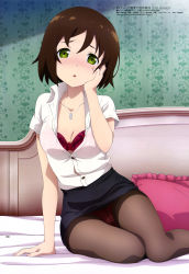 1girl absurdres arifureta_shokugyou_de_sekai_saikyou arm_support bed_sheet black_pantyhose black_skirt bra breasts brown_hair cleavage clothes_lift collarbone dress_shirt green_eyes hand_on_own_cheek hand_on_own_face hatayama_aiko highres indoors jewelry looking_at_viewer megami_magazine nakashige_shunsuke necklace official_art on_bed open_clothes open_shirt panties pantyhose parted_lips pencil_skirt pillow red_bra red_panties scan see-through shirt short_hair short_sleeves sitting skirt skirt_lift small_breasts solo underwear upskirt white_shirt rating:Questionable score:114 user:danbooru