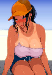  1girl baseball_cap black_hair breasts camisole cleavage covered_erect_nipples hat large_breasts off_shoulder original ponytail short_shorts shorts sitting solo spaghetti_strap sweat tan tanline youshu_ohepe 