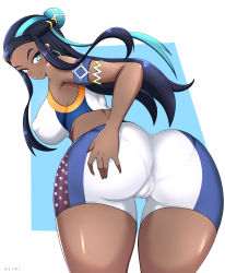 1girl ass ass_grab bare_shoulders black_hair blue_eyes blue_hair blush breasts cameltoe cleft_of_venus covered_erect_nipples creatures_(company) curvy dark-skinned_female dark_skin earrings female_focus from_behind game_freak hair_bun half_updo highres huge_ass jewelry large_breasts leaning leaning_forward long_hair looking_at_viewer nessa_(pokemon) nintendo pantylines pokemon pokemon_swsh shiny_skin short_shorts shorts sideboob single_hair_bun smile solo very_long_hair wlcmt rating:Questionable score:47 user:armorcrystal