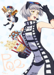  1girl 3d_glasses absurdres black_dress black_footwear black_gloves bob_cut boots chibi commentary_request copyright_name cup disposable_cup dress elizabeth_(persona) eyewear_on_head food gloves grey_hair highres holding holding_cup holding_food official_alternate_costume persona persona_3 persona_q2:_new_cinema_labyrinth persona_q_(series) popcorn short_hair sleeveless sleeveless_dress smile solo teeth twitter_username two-tone_dress upper_teeth_only white_dress yellow_eyes yokaroni 