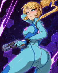 1girl absurdres animeflux ass blonde_hair blue_eyes breasts cameltoe censored cleft_of_venus fat_mons highres huge_ass impossible_clothes long_hair looking_back metroid nintendo ponytail pussy samus_aran sideboob skin_tight solo standing weapon wedgie wide_hips zero_suit rating:Explicit score:171 user:VulcanR